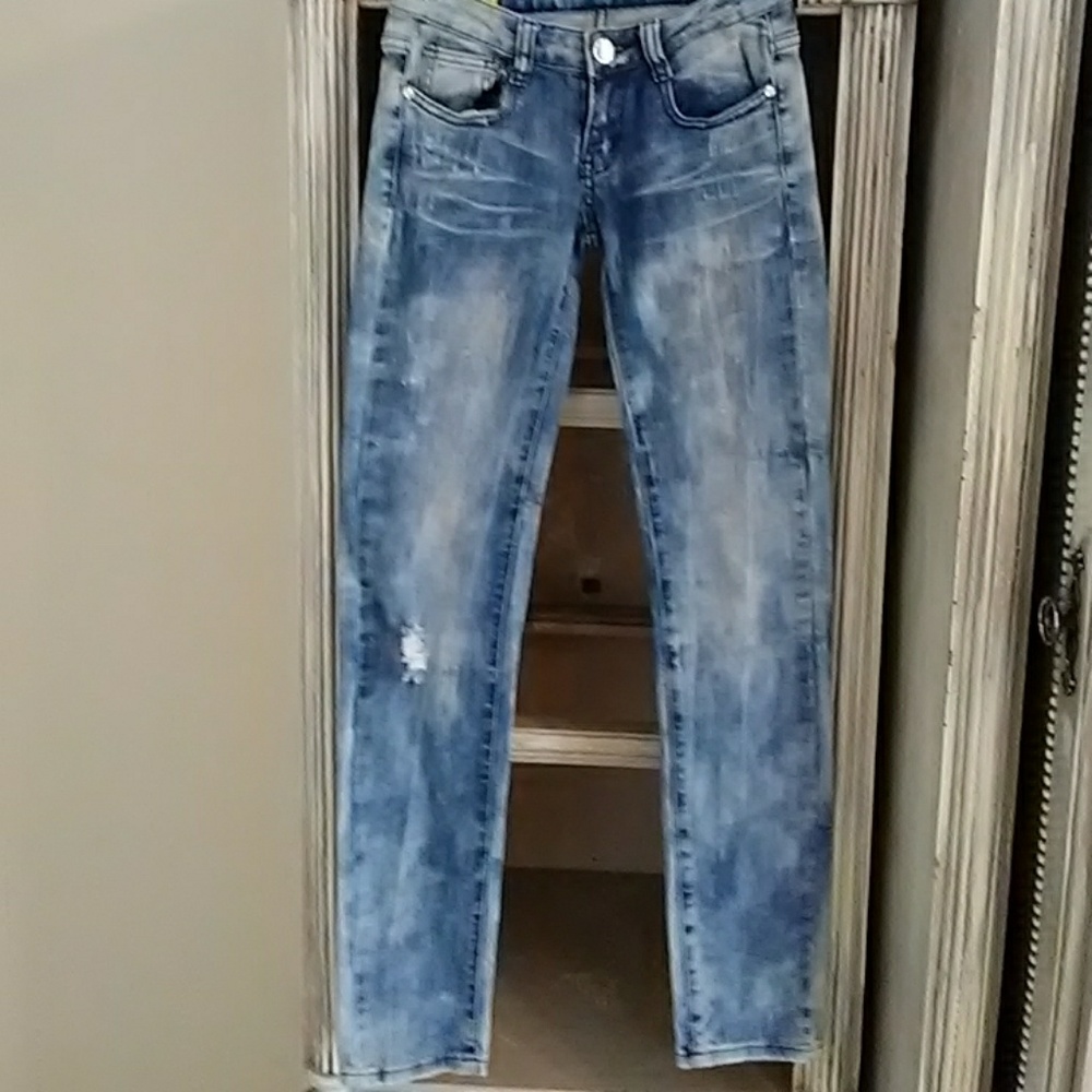 Machine Acid Washed Distressed Jeans